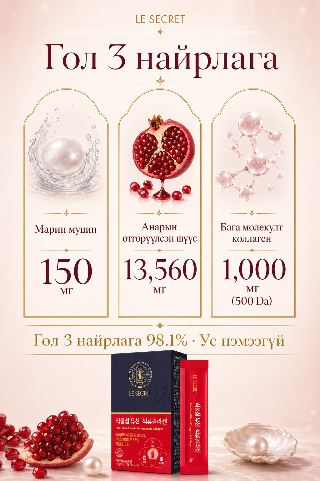 Гол 3 найрлага: марин муцин 150мг, анар 13560мг, коллаген 1000мг 500Da